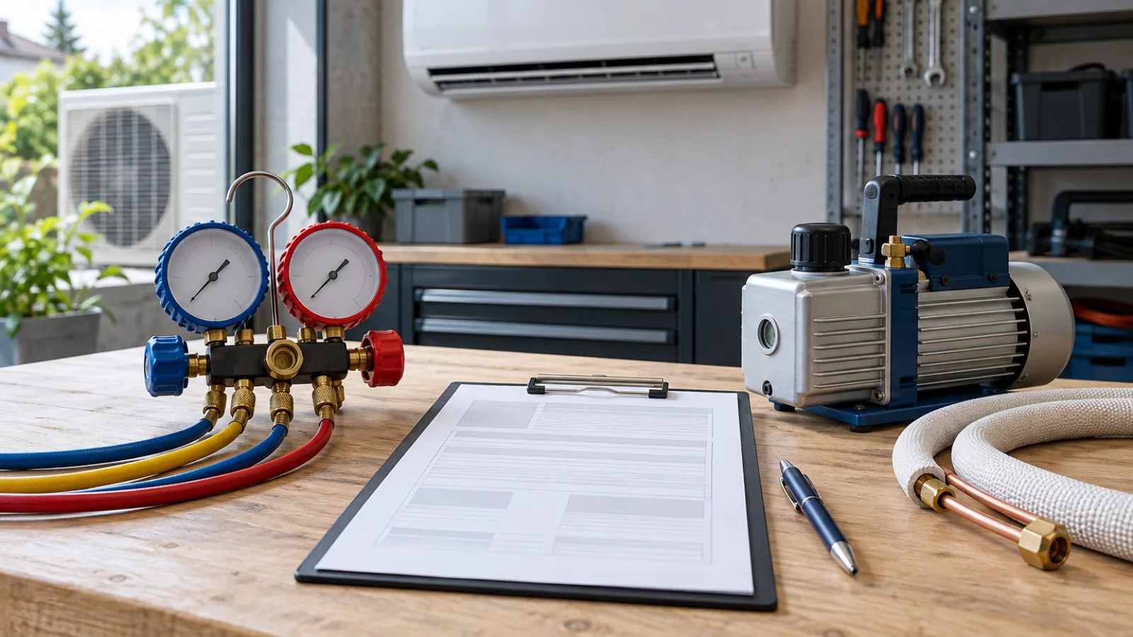 Pusty protokół odbioru, przyrządy kontrolne i jednostka klimatyzacji w warsztacie HVAC