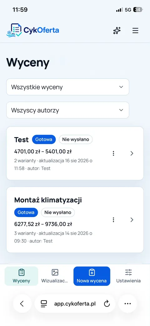 Lista wycen w aplikacji CykOferta na telefonie