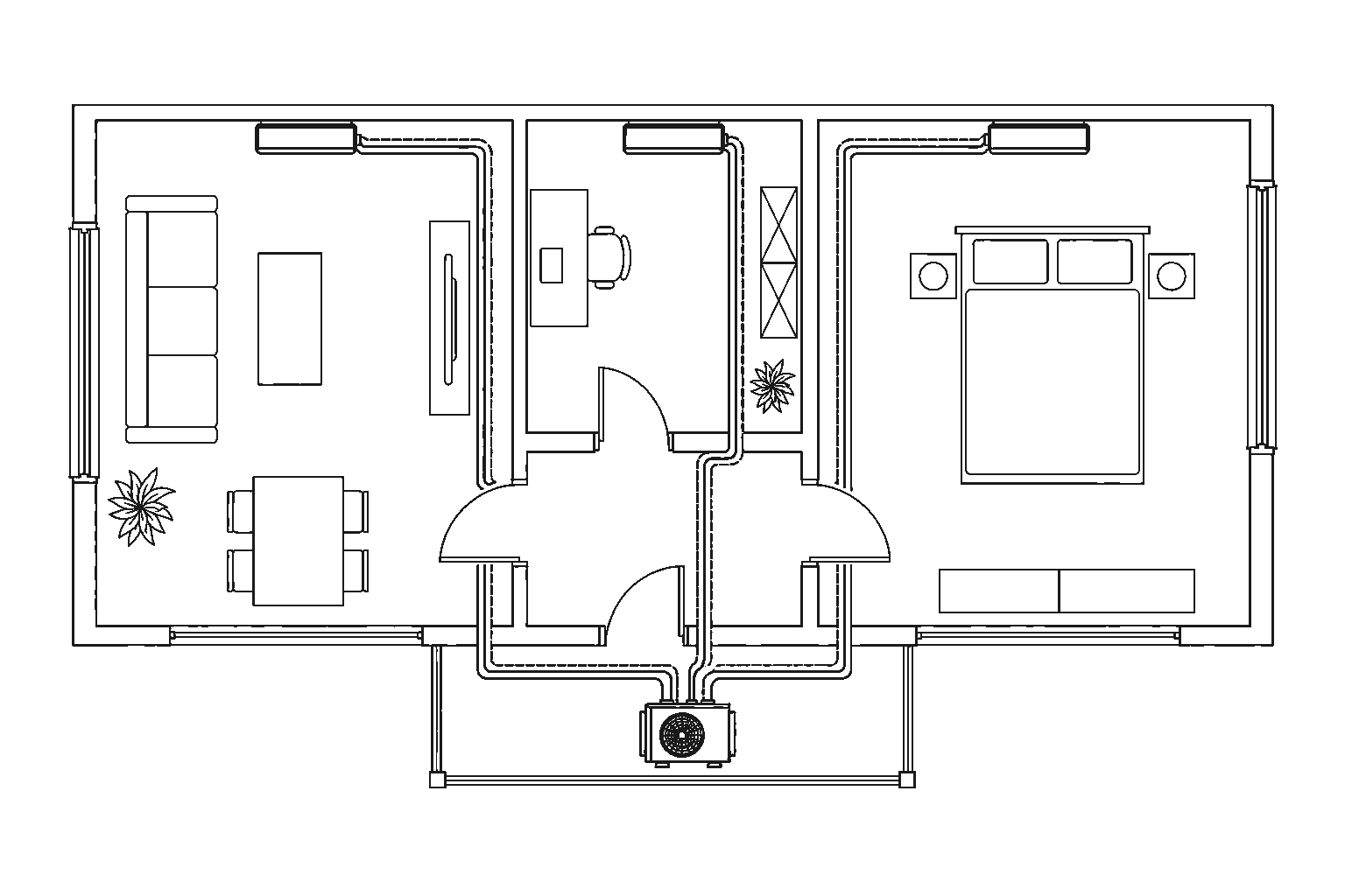 Rzut instalacji multi-split z jedną jednostką zewnętrzną i kilkoma wewnętrznymi